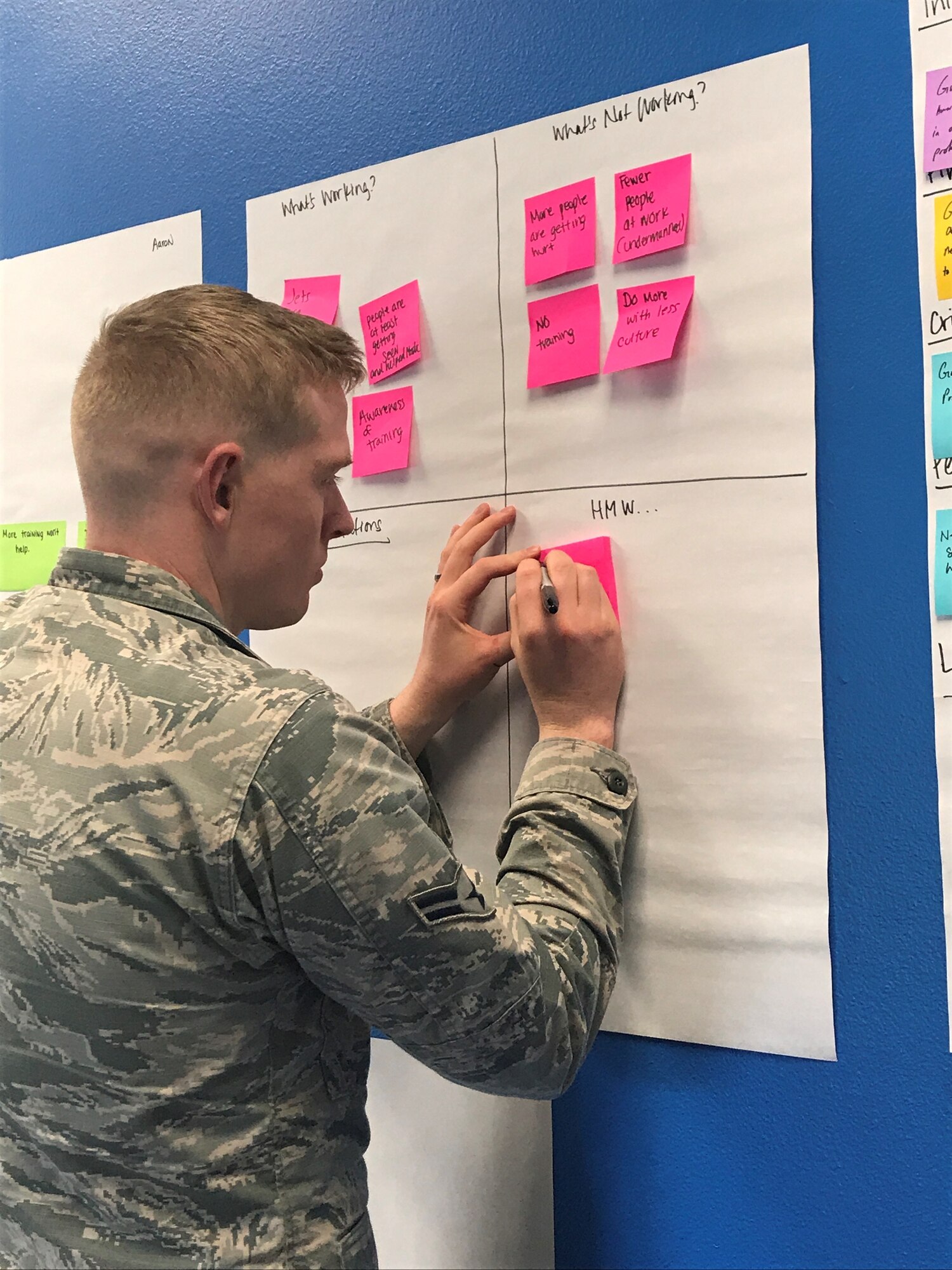 Airman First Class Aaron Brunson, member of the 366th Fighter Wing Aerospace Medicine Squadron, writes down his perspective of his problem on sticky notes. Sticky notes help explore complex concepts quickly and in a visual manner.
(U.S. Air Force photo by Capt. Margaret Kealy-Machella)