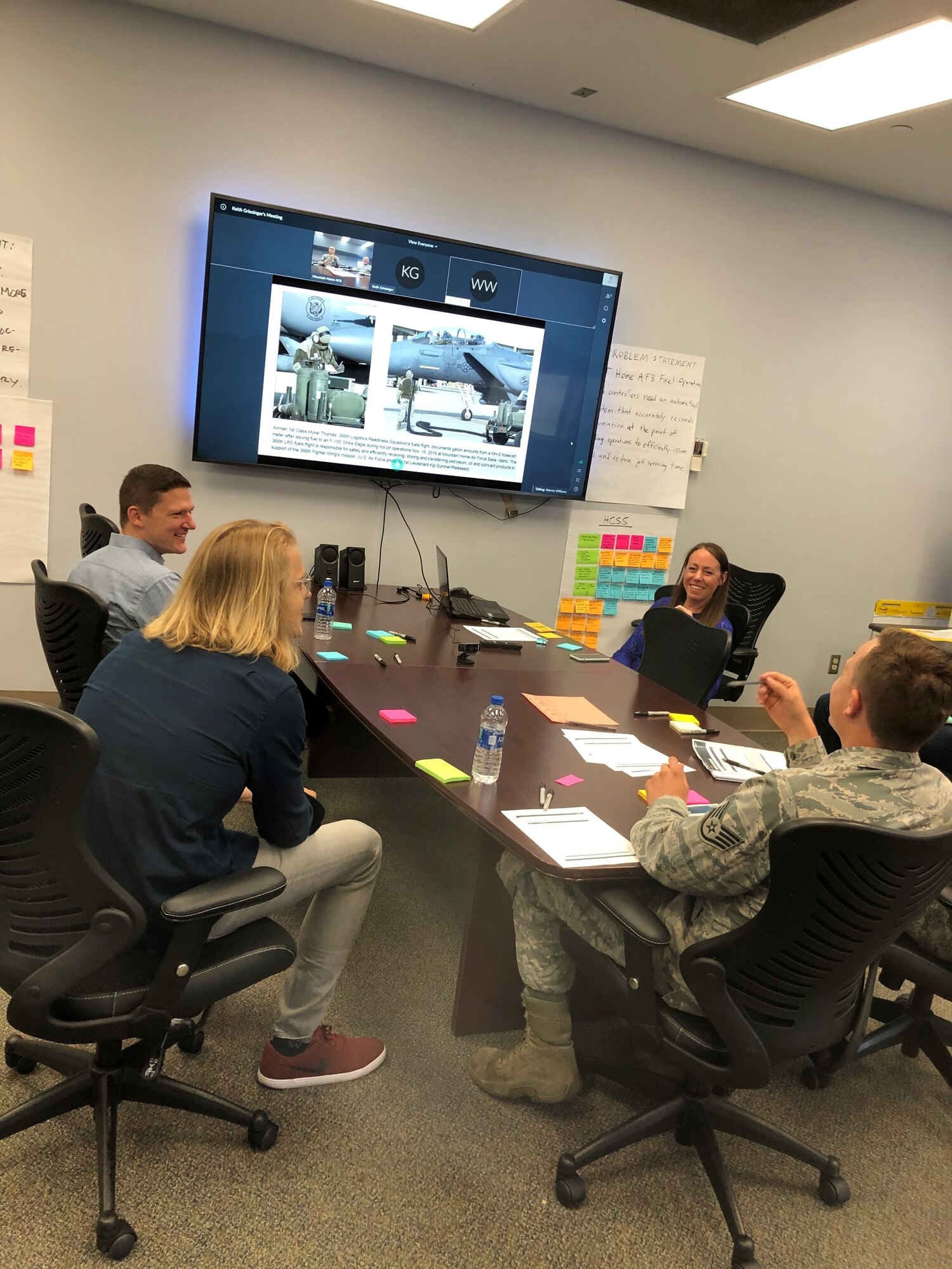 Member of BMNT and problem owner Staff Sgt. Kyle Staples, 366th Logistics Readiness Squadron, speak with a company pitching its product. Working with companies can bring solutions to the warfighter quickly. (U.S. Air Force photo by Capt. Margaret Kealy-Machella)