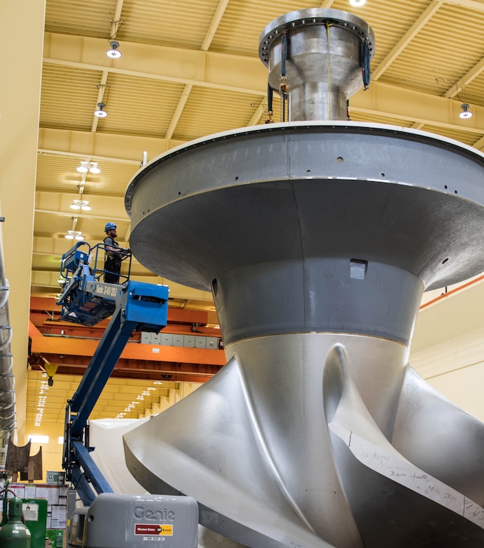 Burbank, WA. Ice Harbor Dam personnel installed an advanced technology turbine, the first of its kind, on June 8, 2018. This fixed blade turbine runner was designed by U.S. Army Corps of Engineers personnel and Voith for power efficiency and to optimize the safety of fish navigating through Snake River dams.