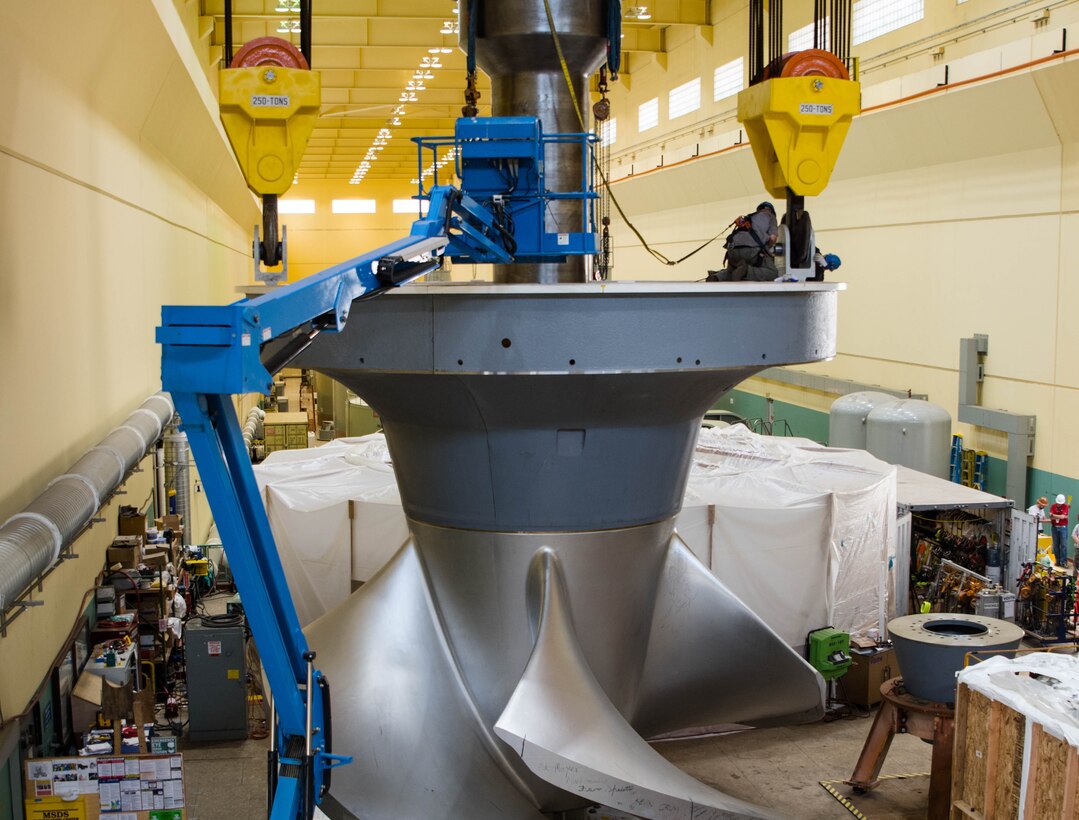 Burbank, WA. Ice Harbor Dam personnel installed an advanced technology turbine, the first of its kind, on June 8, 2018. This fixed blade turbine runner was designed by U.S. Army Corps of Engineers personnel and Voith for power efficiency and to optimize the safety of fish navigating through Snake River dams.