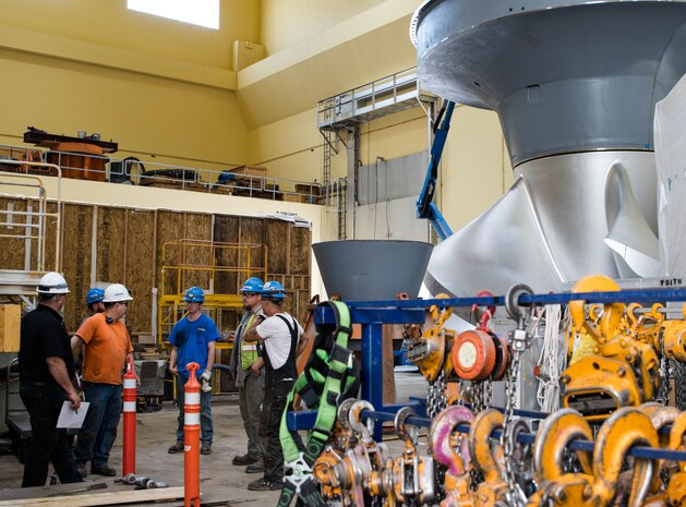 Burbank, WA. Ice Harbor Dam personnel installed an advanced technology turbine, the first of its kind, on June 8, 2018. This fixed blade turbine runner was designed by U.S. Army Corps of Engineers personnel and Voith for power efficiency and to optimize the safety of fish navigating through Snake River dams.