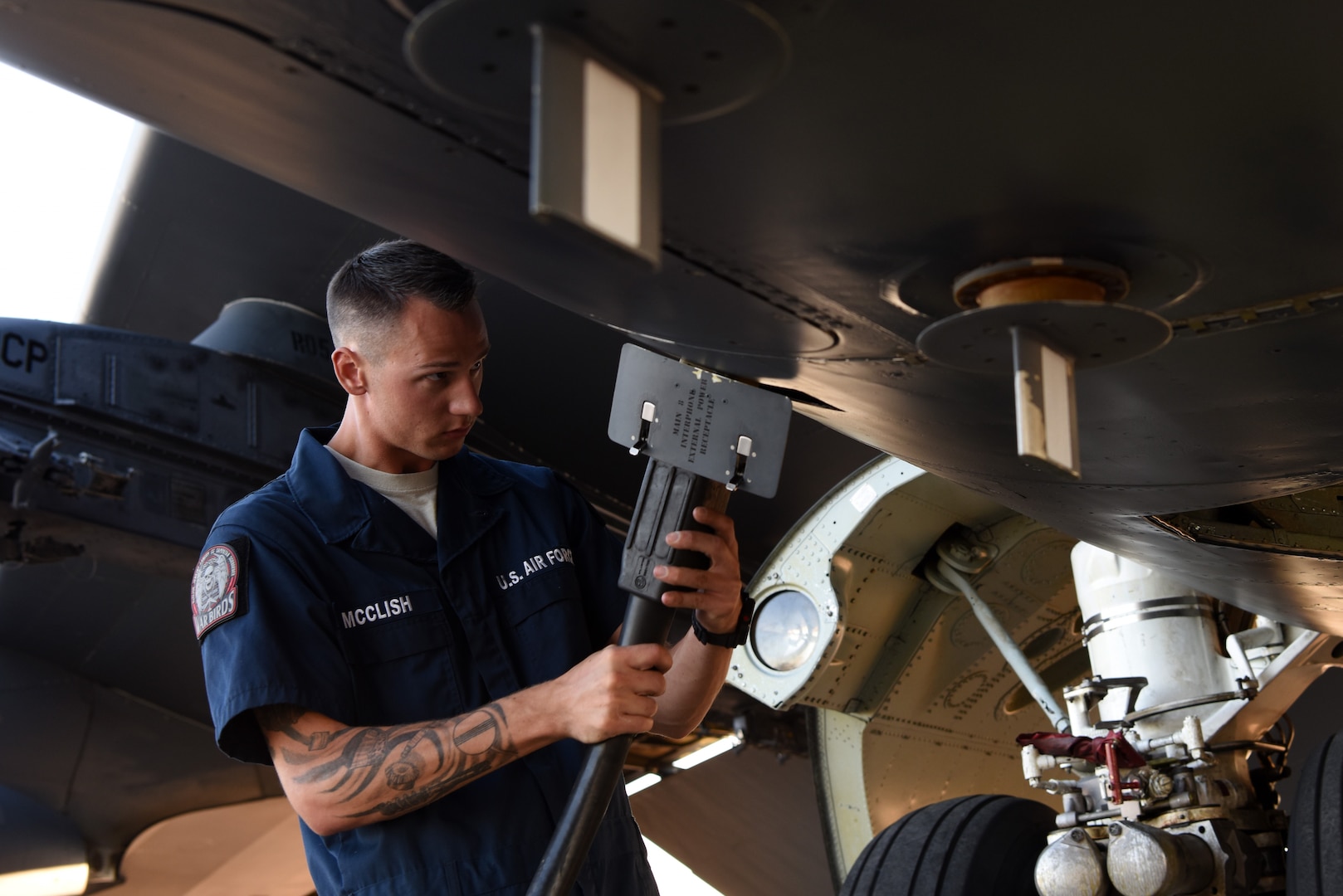 U.S. Air Force Senior Airman Caleb McClish, 23rd Expeditionary Bomb Squadron crew chief, unplugs a power cart from a B-52 Stratofortress during Exercise Diamond Storm at Royal Australian Air Force Base Darwin, Australia, May 15, 2019. The U.S. Air Force is looking to normalize bomber presence in Australia and promote training under Enhanced Air Cooperation. (U.S. Air Force photo by Staff Sgt. Joshua Edwards)