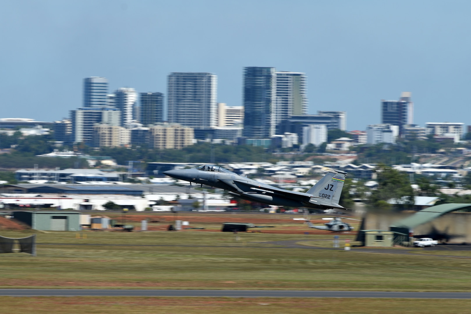 A U.S. Air Force F-15C Eagle with the 194th Expeditionary Fighter Squadron takes off during Exercise Diamond Storm at Royal Australian Air Force Base (RAAF) Darwin, Australia, May 15, 2019. The 194th EFS used F-15Cs to aid RAAF pilots in offensive counter air training scenarios in support of Australia’s Air Warfare Instructor Course. (U.S. Air Force photo by Staff Sgt. Joshua Edwards)