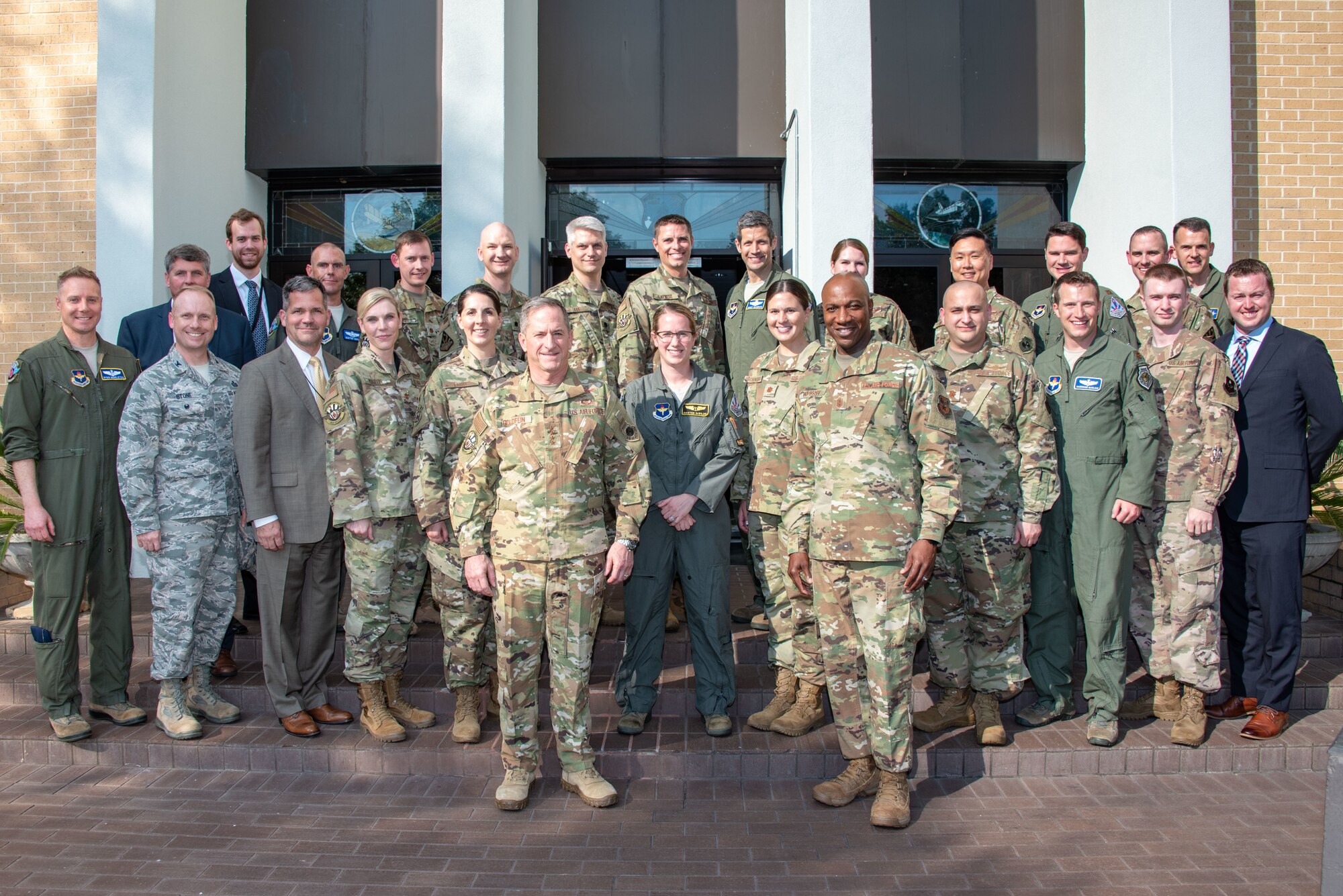 Air Force Chief of Staff Gen. David L. Goldfein and Chief Master Sergeant of the Air Force Kaleth O. Wright pose with graduates of the Center for Strategy ad Technology’s Blue Horizons class at Air War College, May 16, 2019.  (U.S. Air Force photo/Melanie Rodgers Cox)