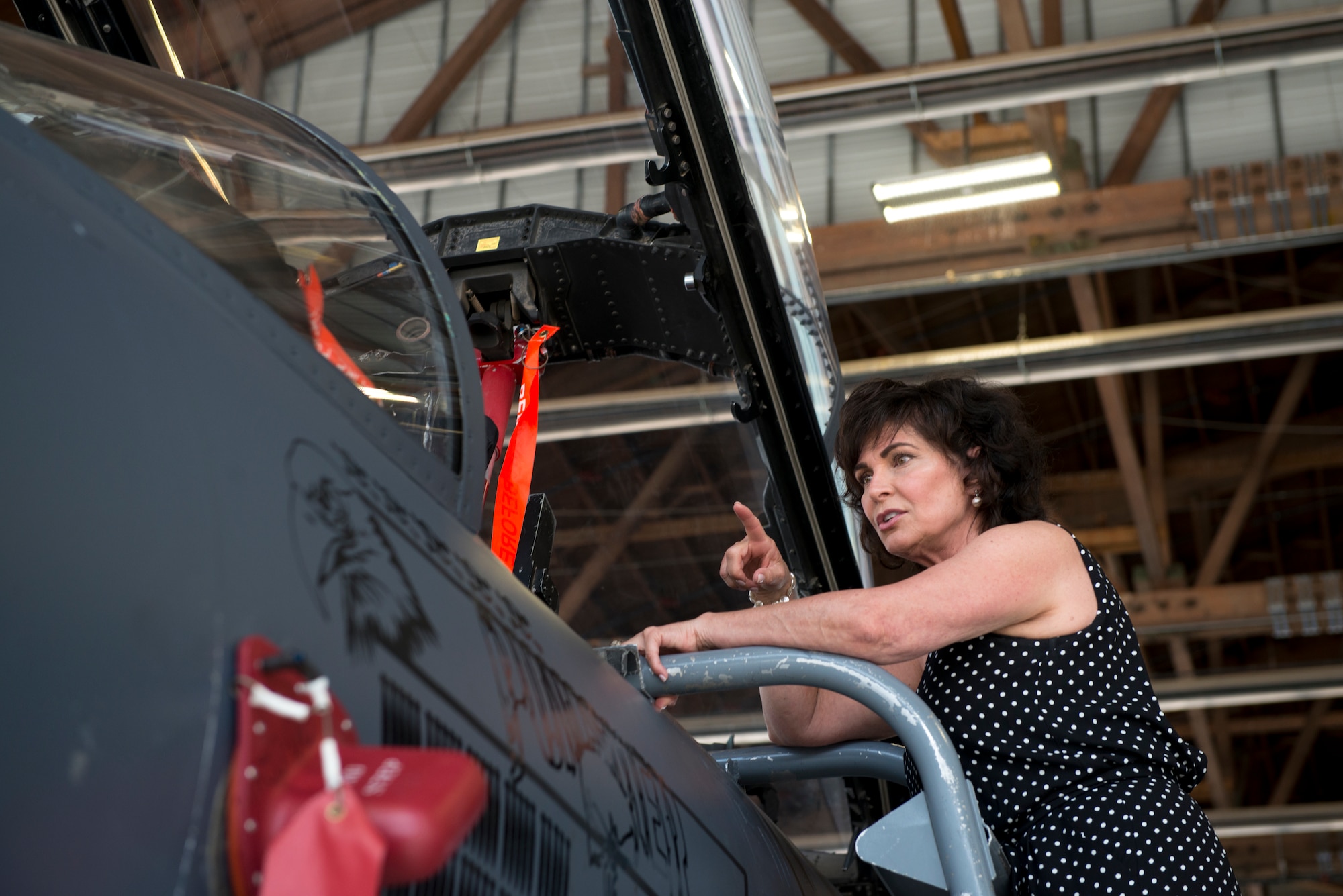 Janine Sijan-Rozina, Capt. Lance P. Sijan’s sister, looks into the cockpit of an F-15E Strike Eagle, May 30, 2019 at Mountain Home Air Force Base, Idaho. Sijan-Rozina visited several locations on base during the two-day MHAFB premiere of the documentary “SIJAN” and spoke to next-generation Gunfighters about her brother’s story. (U.S Air Force photo by Airman 1st Class JaNae Capuno)