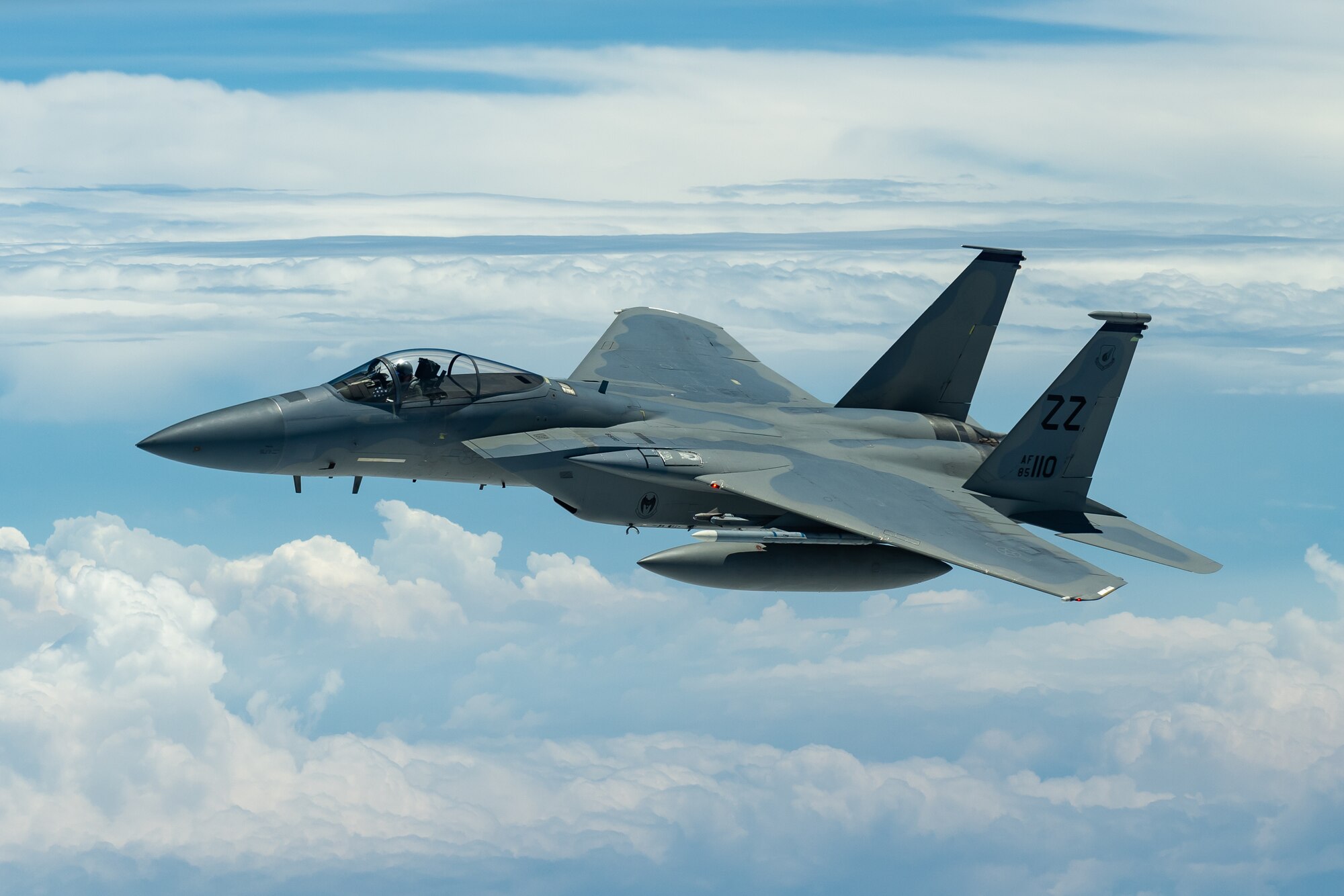 An F-15C Eagle from the 44th Fighter Squadron flies during a routine training exercise April 15, 2019, out of Kadena Air Base, Japan. The Eagle can be armed with combinations of four different air-to-air weapons: AIM-7F/M Sparrow missiles or AIM-120 AMRAAM advanced medium-range air-to-air missiles on its lower fuselage corners, AIM-9L/M Sidewinder or AIM-120 AMRAAM missiles on two pylons under the wings, and an internal 20 millimeter (0.79 in) M61 Vulcan Gatling gun in the right wing root. (U.S. Air Force photo by Airman 1st Class Matthew Seefeldt)