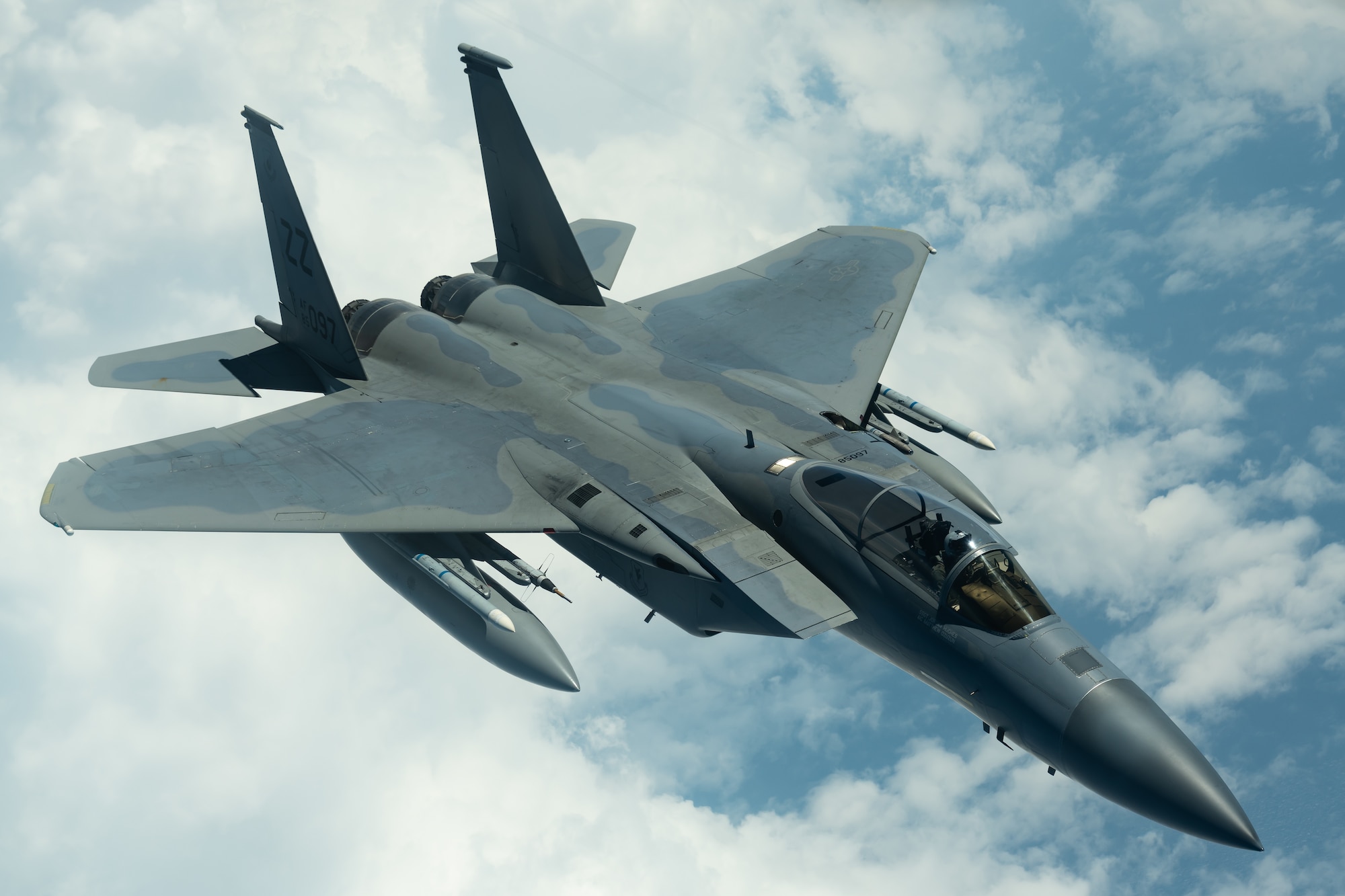 An F-15C Eagle from the 44th Fighter Squadron flies during a routine training exercise April 15, 2019, out of Kadena Air Base, Japan. The F-15 Eagle is an all-weather, maneuverable, tactical fighter designed to permit the Air Force to gain and maintain air supremacy over the battlefield. (U.S. Air Force photo by Airman 1st Class Matthew Seefeldt)