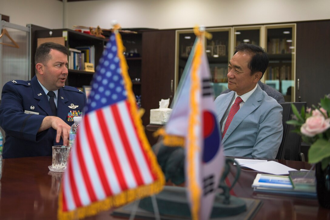 U.S. Air Force Col. William Betts, 51st Fighter Wing commander, and Pyeongtaek Mayor Jung Jang-seon discuss their partnership during an honorary citizenship ceremony in Pyeongtaek, Republic of Korea, May 29, 2019. Jang-seon awarded Betts for his and Osan Air Base’s continued support and contributions to the community. (U.S. Air Force photo by Staff Sgt. Greg Nash)