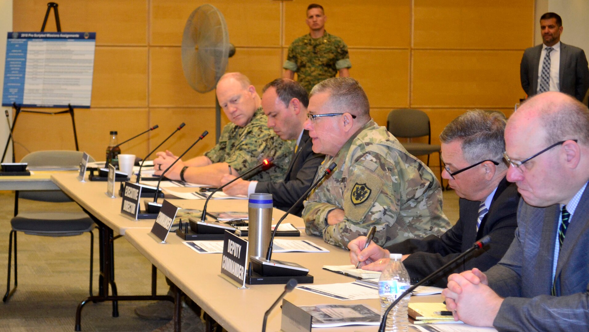 Army Brig. Gen. Mark Simerly, DLA Troop Support Commander, center, speaks to participants during an exercise at DLA Troop Support May 28, 2019 in Philadelphia.