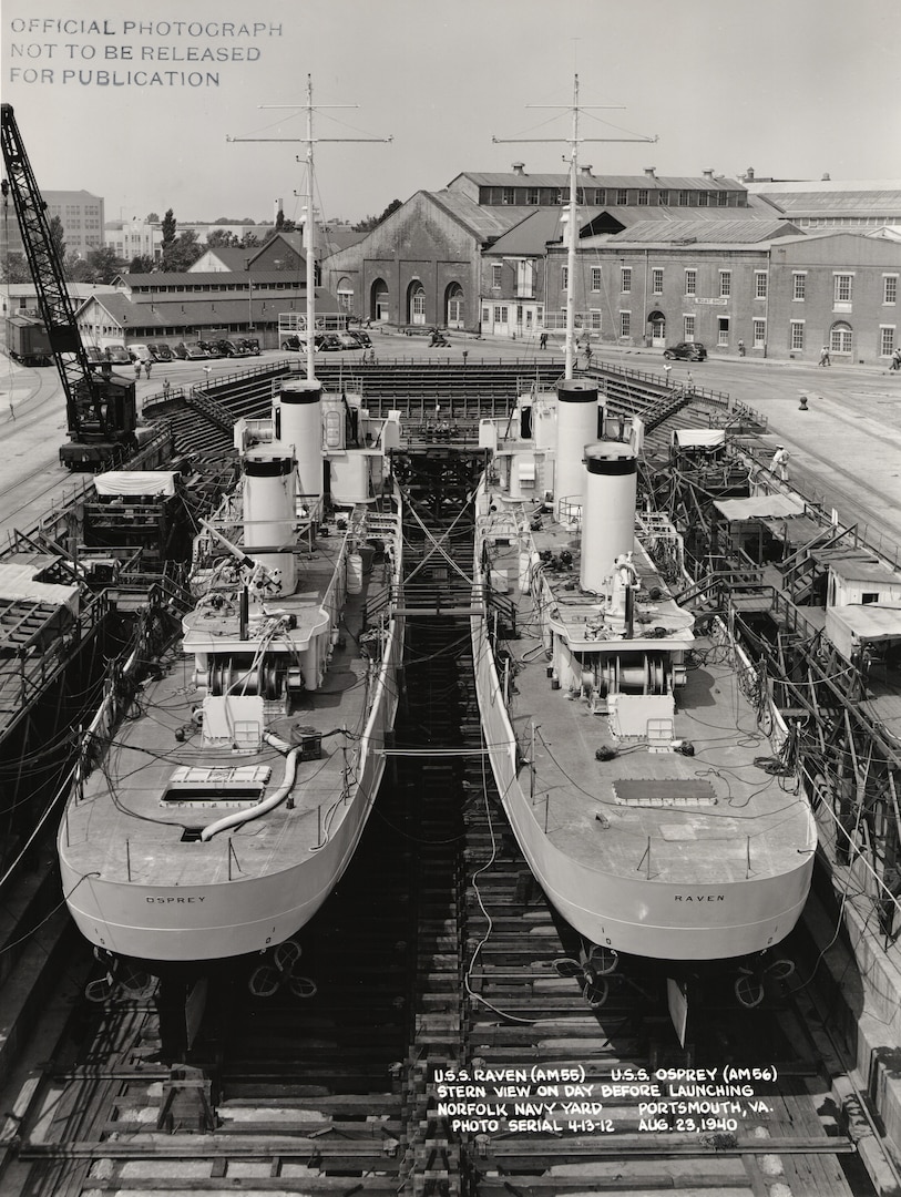 Among the five classes of ships NNSY built or modernized to support the invasion of Normandy on June 6, 1944, the shipyard constructed three minesweepers that cleared the way for Allied ships.  These included USS Raven (AM-55) and USS Osprey (AM-56), which had a simultaneous launching in August 1940.  As the only two ships of the Raven-class minesweeper, they faced the treacherous task of neutralizing underwater minefields.  While Raven survived D-Day to support other invasions, Osprey sunk June 5, 1944 on the way to Normandy after striking a mine in the English Channel.  Six men perished, marking the first casualties of the D-Day invasion.  Launched a year after Raven and Osprey, USS Auk (AM-57) was one of 95 minesweepers built for the Auk-class that served both the U.S. and Royal Navies.