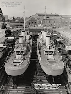 Among the five classes of ships NNSY built or modernized to support the invasion of Normandy on June 6, 1944, the shipyard constructed three minesweepers that cleared the way for Allied ships.  These included USS Raven (AM-55) and USS Osprey (AM-56), which had a simultaneous launching in August 1940.  As the only two ships of the Raven-class minesweeper, they faced the treacherous task of neutralizing underwater minefields.  While Raven survived D-Day to support other invasions, Osprey sunk June 5, 1944 on the way to Normandy after striking a mine in the English Channel.  Six men perished, marking the first casualties of the D-Day invasion.  Launched a year after Raven and Osprey, USS Auk (AM-57) was one of 95 minesweepers built for the Auk-class that served both the U.S. and Royal Navies.