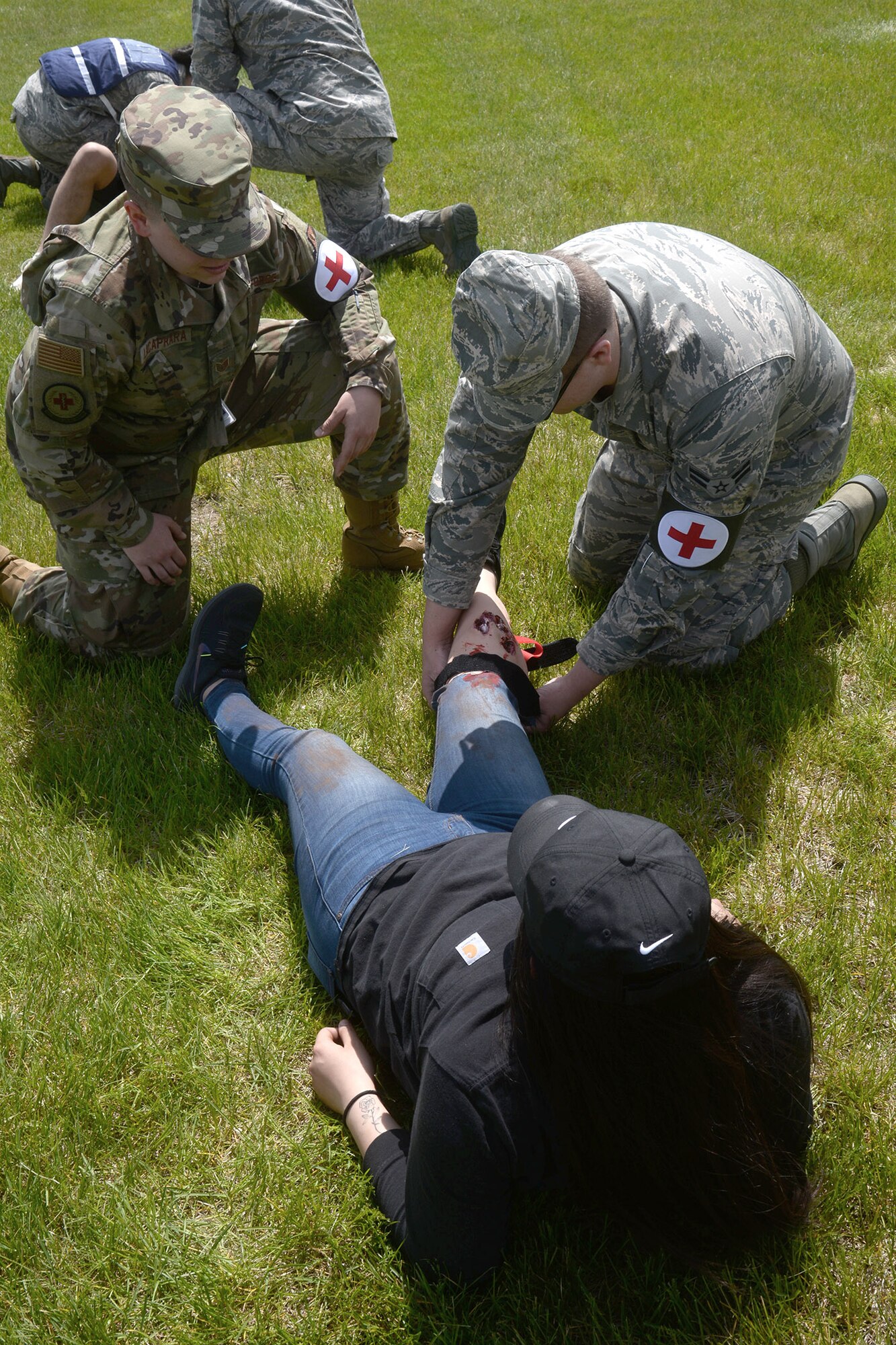 Various injuries during the scenario required Airmen to apply hemorrhage control, splinting, simple first aid, evaluation and assessment and patient transport.