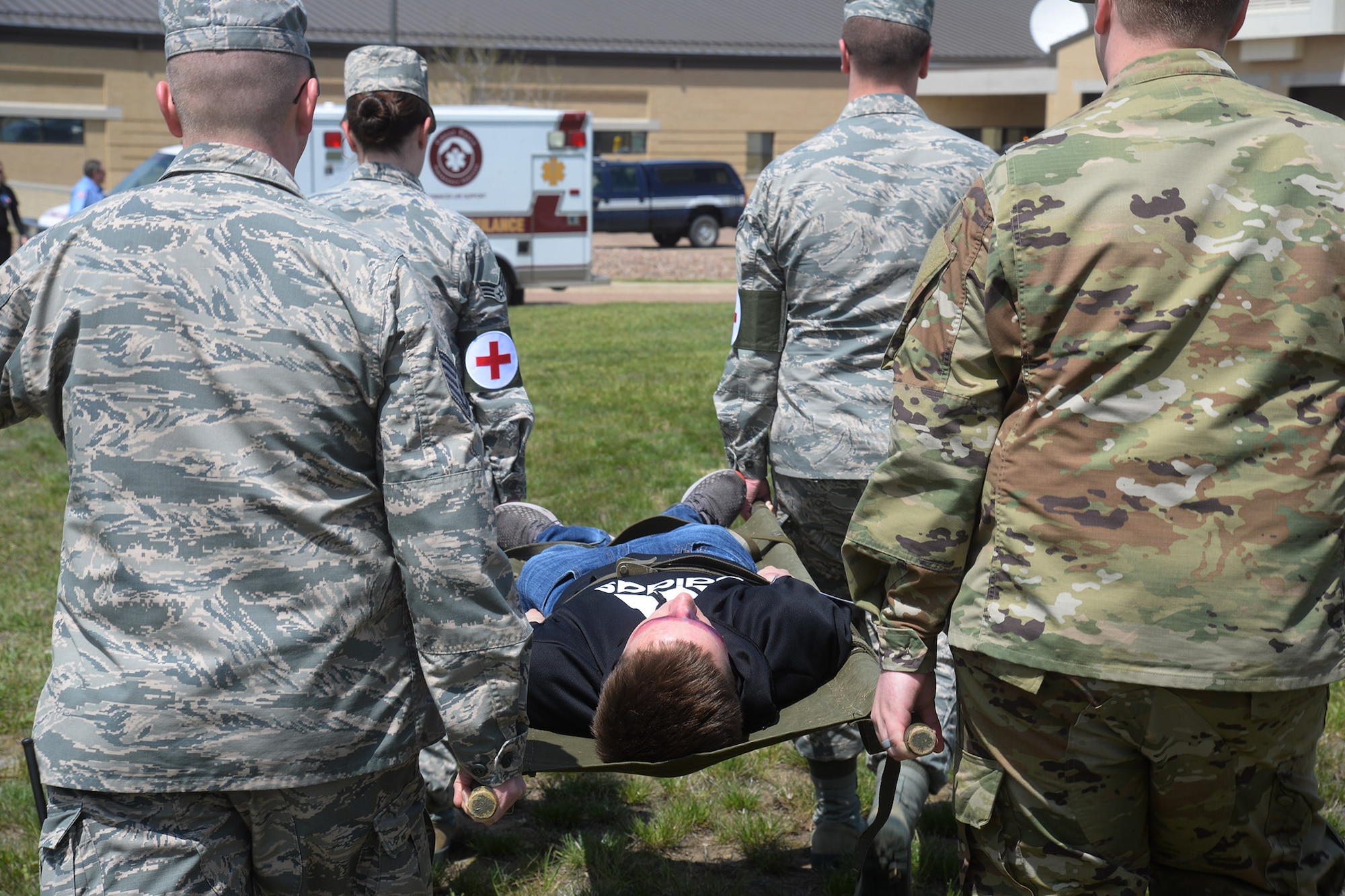 Various injuries during the scenario required Airmen to apply hemorrhage control, splinting, simple first aid, evaluation and assessment, and patient transport.