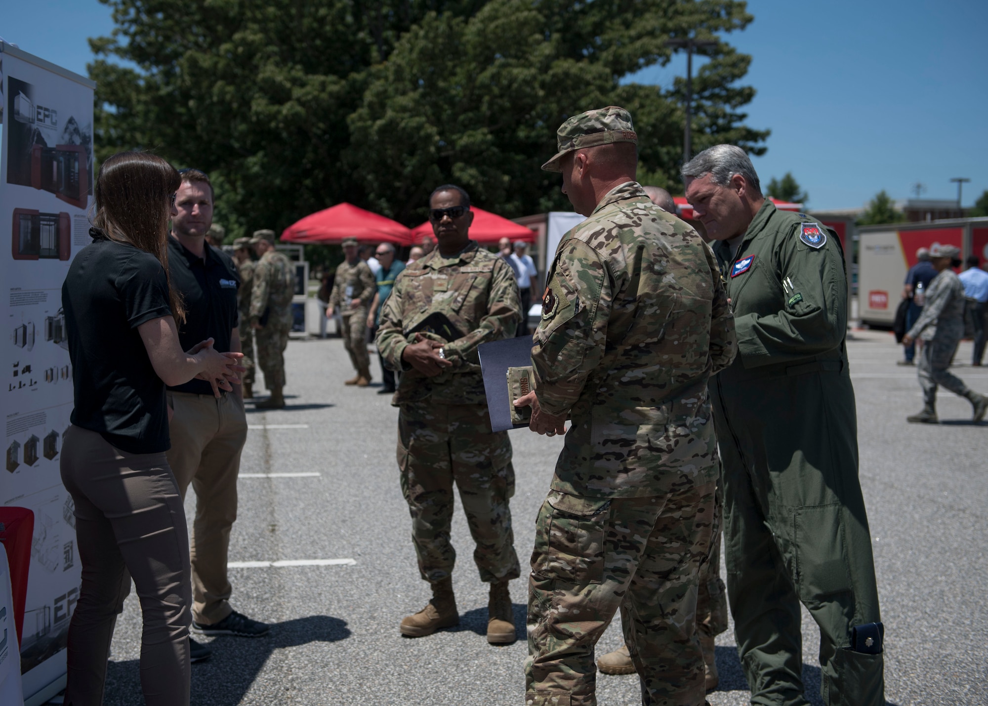 An Expeditionary Preventative Clinic Systems representative speaks to members from various U.S. Air Force major commands during the Manpower and Equipment Force Packaging Summit at Joint Base Langley-Eustis, Virginia, June 4, 2019.