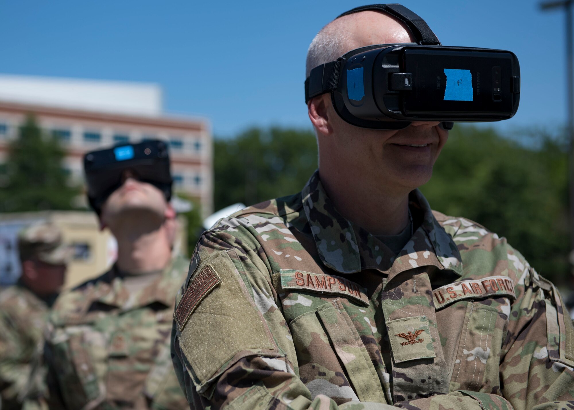 U.S. Air Force Col. James Sampson, Air Force Medical Operations Agency chief medical consultant, views a medical shelter facility with virtual reality goggles during the Manpower and Equipment Force Packaging Summit at Joint Base Langley-Eustis, Virginia, June 4, 2019.