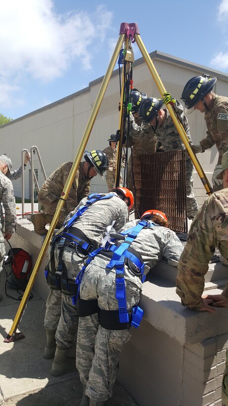 Reserve Citizen Airmen from the 445th Civil Engineer Squadron participate in confined space rescue training during the May 5, 2019, unit training assembly at Wright Patterson Air Force Base, Ohio. The training is designed to prepare CES firefighters to retrieve injured personnel who have become stuck in maintenance tunnels, access ways and similarly confined spaces.