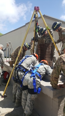 Reserve Citizen Airmen from the 445th Civil Engineer Squadron participate in confined space rescue training during the May 5, 2019, unit training assembly at Wright Patterson Air Force Base, Ohio. The training is designed to prepare CES firefighters to retrieve injured personnel who have become stuck in maintenance tunnels, access ways and similarly confined spaces.