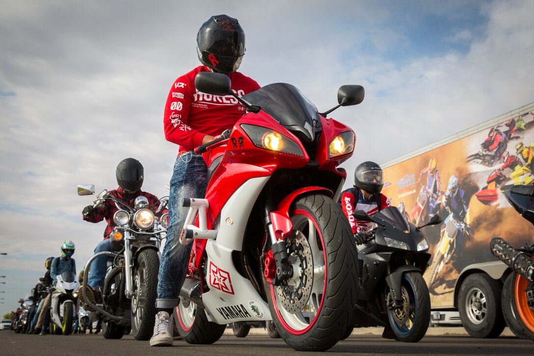 U.S. Marines, Sailors, and civilians participate in the 6th annual Sexual Assualt Prevention and Response (SAPR) motorcycle ride on Marine Corps Air Station (MCAS) Yuma, April 12, 2019. The SAPR motorcycle ride is held annually through the Marine Corps Community Service (MCCS) program in efforts to raise awareness. (U.S. Marine Corps photo by Sgt. Allison Lotz)