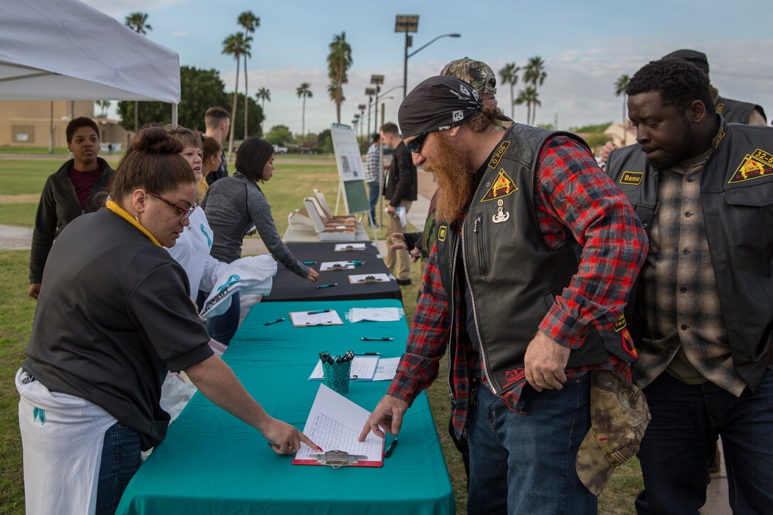U.S. Marines, Sailors, and civilians participate in the 6th annual Sexual Assualt Prevention and Response (SAPR) motorcycle ride on Marine Corps Air Station (MCAS) Yuma, April 12, 2019. The SAPR motorcycle ride is held annually through the Marine Corps Community Service (MCCS) program in efforts to raise awareness. (U.S. Marine Corps photo by Sgt. Allison Lotz)