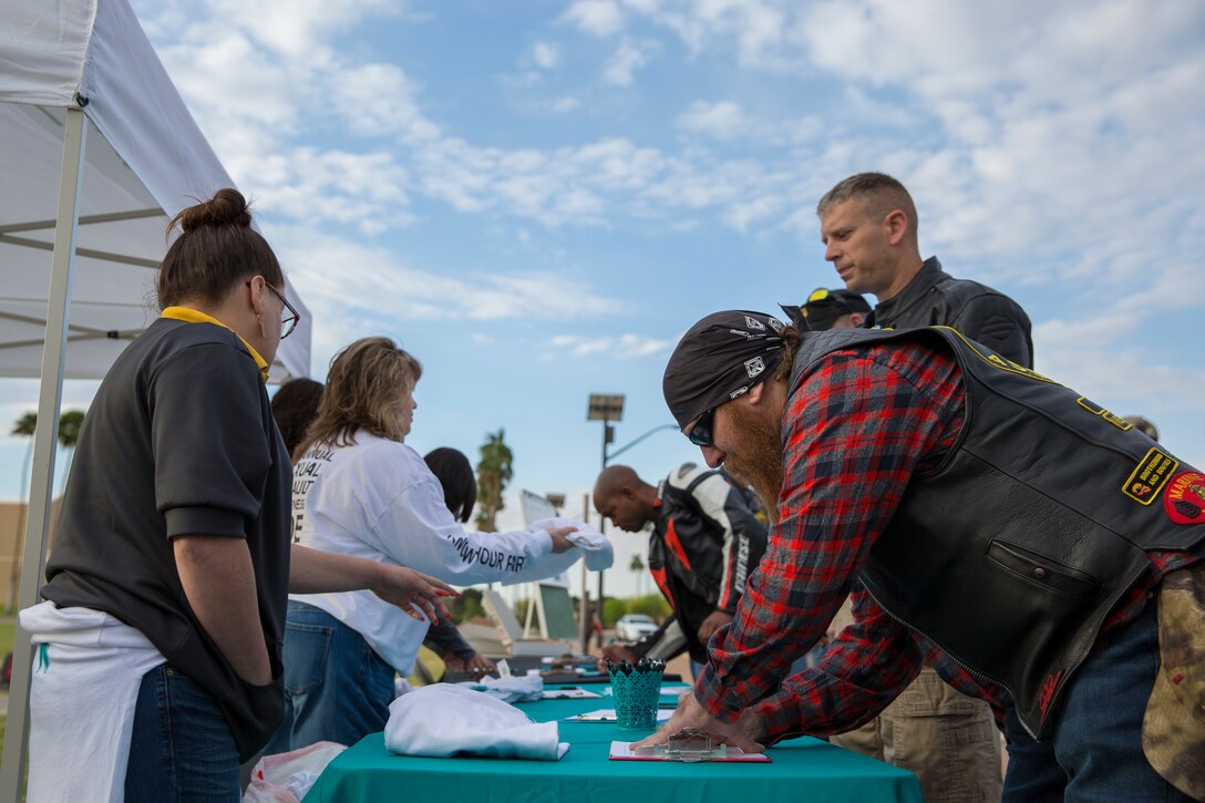 U.S. Marines, Sailors, and civilians participate in the 6th annual Sexual Assualt Prevention and Response (SAPR) motorcycle ride on Marine Corps Air Station (MCAS) Yuma, April 12, 2019. The SAPR motorcycle ride is held annually through the Marine Corps Community Service (MCCS) program in efforts to raise awareness. (U.S. Marine Corps photo by Sgt. Allison Lotz)