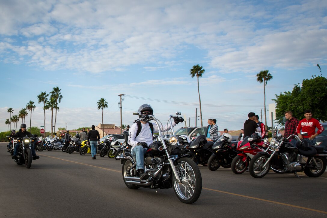 U.S. Marines, Sailors, and civilians participate in the 6th annual Sexual Assualt Prevention and Response (SAPR) motorcycle ride on Marine Corps Air Station (MCAS) Yuma, April 12, 2019. The SAPR motorcycle ride is held annually through the Marine Corps Community Service (MCCS) program in efforts to raise awareness. (U.S. Marine Corps photo by Sgt. Allison Lotz)