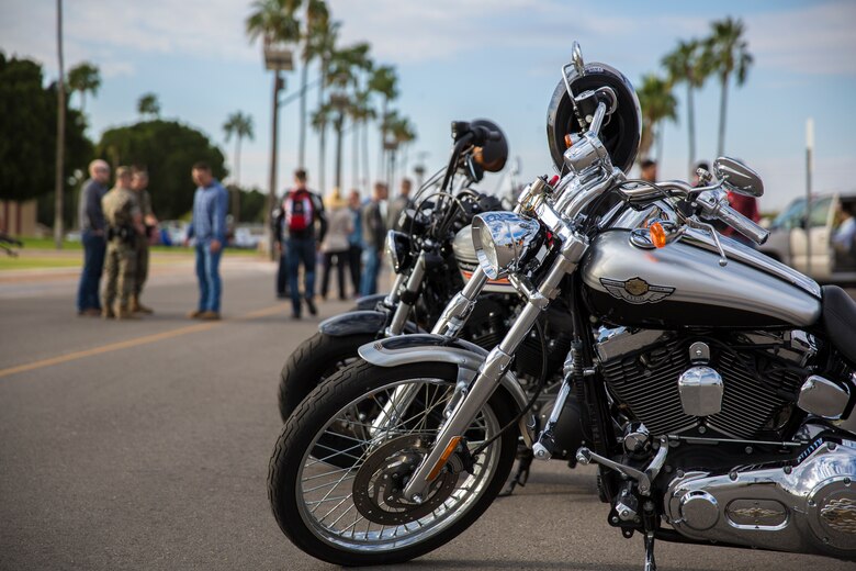 U.S. Marines, Sailors, and civilians participate in the 6th annual Sexual Assualt Prevention and Response (SAPR) motorcycle ride on Marine Corps Air Station (MCAS) Yuma, April 12, 2019. The SAPR motorcycle ride is held annually through the Marine Corps Community Service (MCCS) program in efforts to raise awareness. (U.S. Marine Corps photo by Sgt. Allison Lotz)