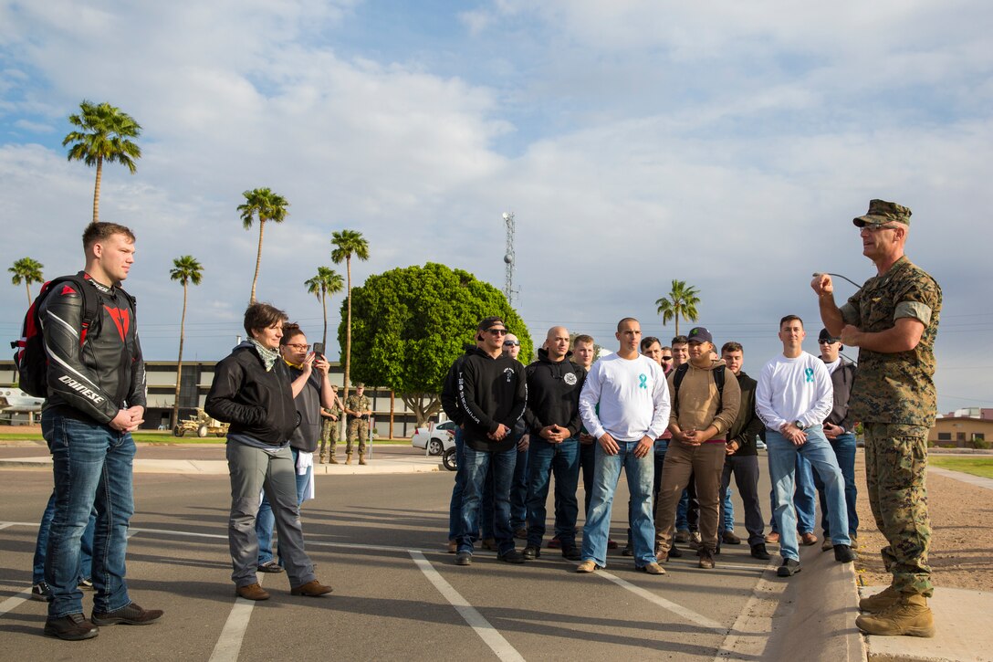 U.S. Marines, Sailors, and civilians participate in the 6th annual Sexual Assualt Prevention and Response (SAPR) motorcycle ride on Marine Corps Air Station (MCAS) Yuma, April 12, 2019. The SAPR motorcycle ride is held annually through the Marine Corps Community Service (MCCS) program in efforts to raise awareness. (U.S. Marine Corps photo by Sgt. Allison Lotz)