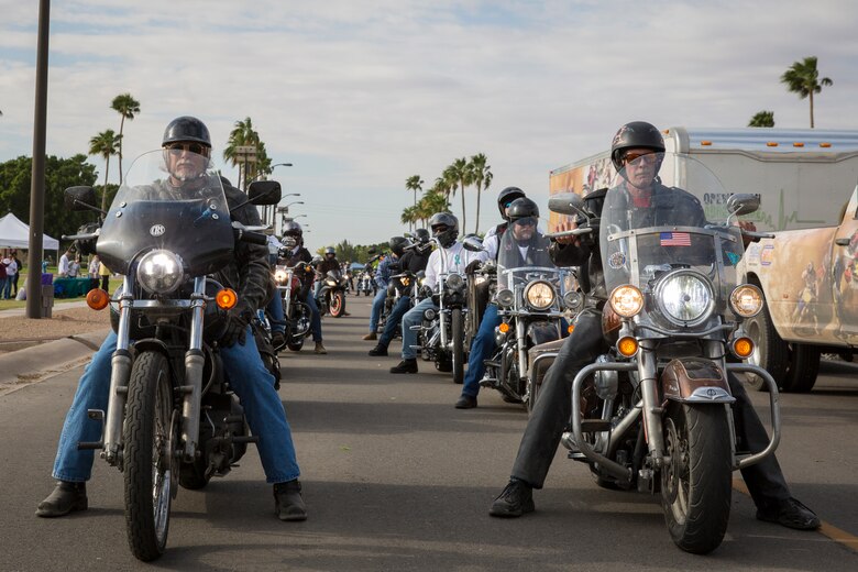 U.S. Marines, Sailors, and civilians participate in the 6th annual Sexual Assualt Prevention and Response (SAPR) motorcycle ride on Marine Corps Air Station (MCAS) Yuma, April 12, 2019. The SAPR motorcycle ride is held annually through the Marine Corps Community Service (MCCS) program in efforts to raise awareness. (U.S. Marine Corps photo by Sgt. Allison Lotz)