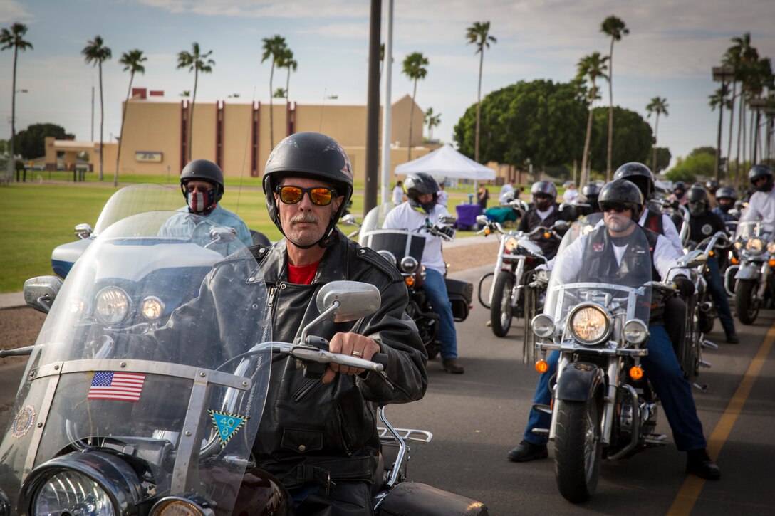 U.S. Marines, Sailors, and civilians participate in the 6th annual Sexual Assualt Prevention and Response (SAPR) motorcycle ride on Marine Corps Air Station (MCAS) Yuma, April 12, 2019. The SAPR motorcycle ride is held annually through the Marine Corps Community Service (MCCS) program in efforts to raise awareness. (U.S. Marine Corps photo by Sgt. Allison Lotz)