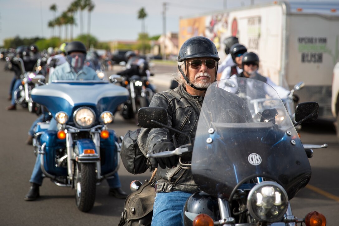 U.S. Marines, Sailors, and civilians participate in the 6th annual Sexual Assualt Prevention and Response (SAPR) motorcycle ride on Marine Corps Air Station (MCAS) Yuma, April 12, 2019. The SAPR motorcycle ride is held annually through the Marine Corps Community Service (MCCS) program in efforts to raise awareness. (U.S. Marine Corps photo by Sgt. Allison Lotz)