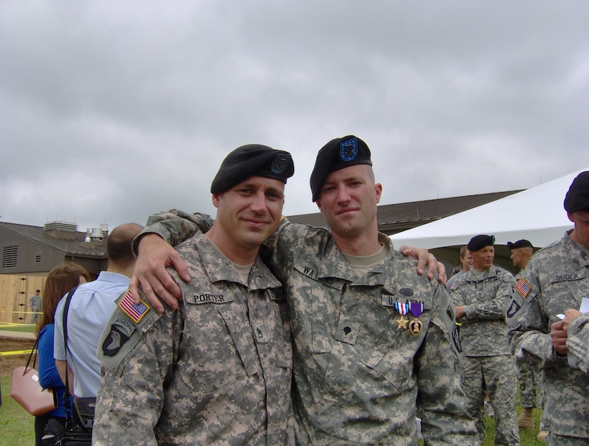 Then-Spc. Water with then-Staff Sgt. Porter when Waters received his Silver Star and Purple Heart.