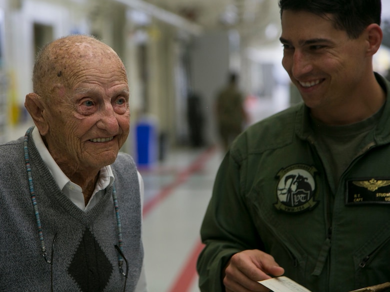 Retired U.S. Marine Corps Maj. Richard Cropley celebrates his 99th birthday with Marine Medium Tiltrotor Squadron 164, Marine Aircraft Group 39, 3rd Marine Aircraft Wing, at Marine Corps Air Station Camp Pendleton, Calif., May 31, 2019.  Cropley served his country for more than 20 years as a fighter/bomber pilot during World War II and flew multiple combat missions over the Pacific. Cropley’s birthday wish was to spend time with his Marine Corps aviation family and to see an MV-22B Osprey up close.