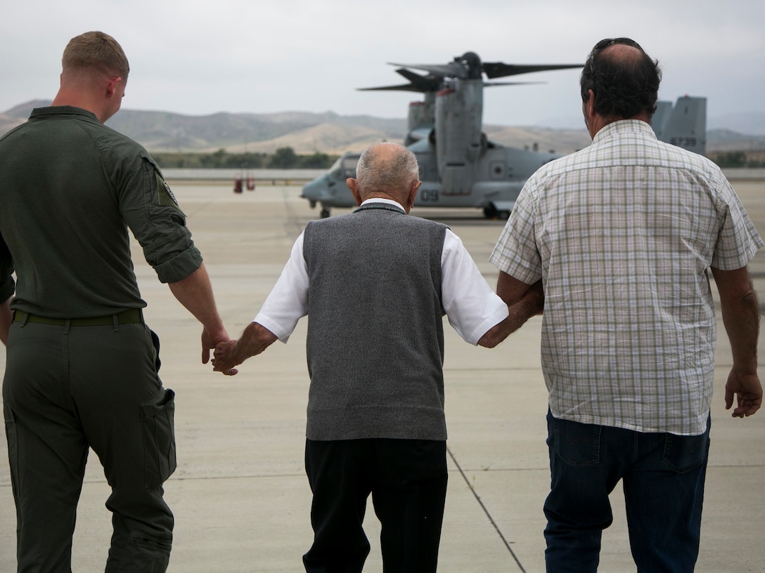 Retired U.S. Marine Corps Maj. Richard Cropley celebrates his 99th birthday with Marine Medium Tiltrotor Squadron 164, Marine Aircraft Group 39, 3rd Marine Aircraft Wing, at Marine Corps Air Station Camp Pendleton, Calif., May 31, 2019.  Cropley served his country for more than 20 years as a fighter/bomber pilot during World War II and flew multiple combat missions over the Pacific. Cropley’s birthday wish was to spend time with his Marine Corps aviation family and to see an MV-22B Osprey up close.