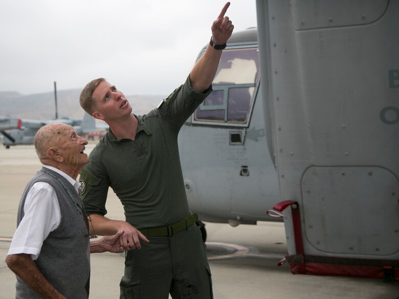 Retired U.S. Marine Corps Maj. Richard Cropley celebrates his 99th birthday with Marine Medium Tiltrotor Squadron 164, Marine Aircraft Group 39, 3rd Marine Aircraft Wing, at Marine Corps Air Station Camp Pendleton, Calif., May 31, 2019.  Cropley served his country for more than 20 years as a fighter/bomber pilot during World War II and flew multiple combat missions over the Pacific. Cropley’s birthday wish was to spend time with his Marine Corps aviation family and to see an MV-22B Osprey up close.