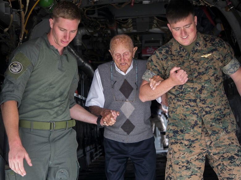 Retired U.S. Marine Corps Maj. Richard Cropley celebrates his 99th birthday with Marine Medium Tiltrotor Squadron 164, Marine Aircraft Group 39, 3rd Marine Aircraft Wing, at Marine Corps Air Station Camp Pendleton, Calif., May 31, 2019.  Cropley served his country for more than 20 years as a fighter/bomber pilot during World War II and flew multiple combat missions over the Pacific. Cropley’s birthday wish was to spend time with his Marine Corps aviation family and to see an MV-22B Osprey up close.