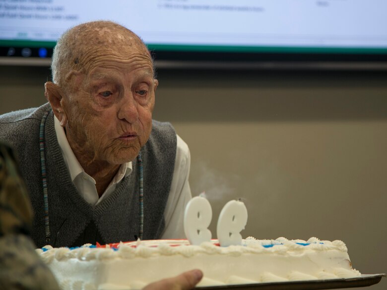 Retired U.S. Marine Corps Maj. Richard Cropley celebrates his 99th birthday with Marine Medium Tiltrotor Squadron 164, Marine Aircraft Group 39, 3rd Marine Aircraft Wing, at Marine Corps Air Station Camp Pendleton, Calif., May 31, 2019.  Cropley served his country for more than 20 years as a fighter/bomber pilot during World War II and flew multiple combat missions over the Pacific. Cropley’s birthday wish was to spend time with his Marine Corps aviation family and to see an MV-22B Osprey up close.