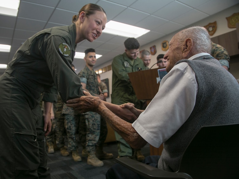 Retired U.S. Marine Corps Maj. Richard Cropley celebrates his 99th birthday with Marine Medium Tiltrotor Squadron 164, Marine Aircraft Group 39, 3rd Marine Aircraft Wing, at Marine Corps Air Station Camp Pendleton, Calif., May 31, 2019.  Cropley served his country for more than 20 years as a fighter/bomber pilot during World War II and flew multiple combat missions over the Pacific. Cropley’s birthday wish was to spend time with his Marine Corps aviation family and to see an MV-22B Osprey up close.