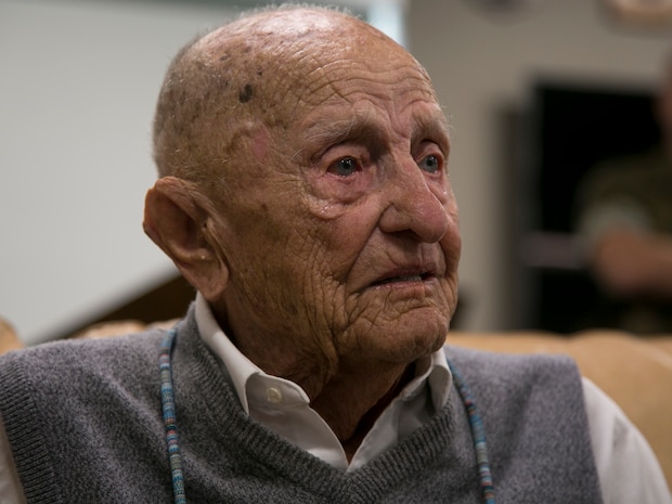 Retired U.S. Marine Corps Maj. Richard Cropley celebrates his 99th birthday with Marine Medium Tiltrotor Squadron 164, Marine Aircraft Group 39, 3rd Marine Aircraft Wing, at Marine Corps Air Station Camp Pendleton, Calif., May 31, 2019.  Cropley served his country for more than 20 years as a fighter/bomber pilot during World War II and flew multiple combat missions over the Pacific. Cropley’s birthday wish was to spend time with his Marine Corps aviation family and to see an MV-22B Osprey up close.