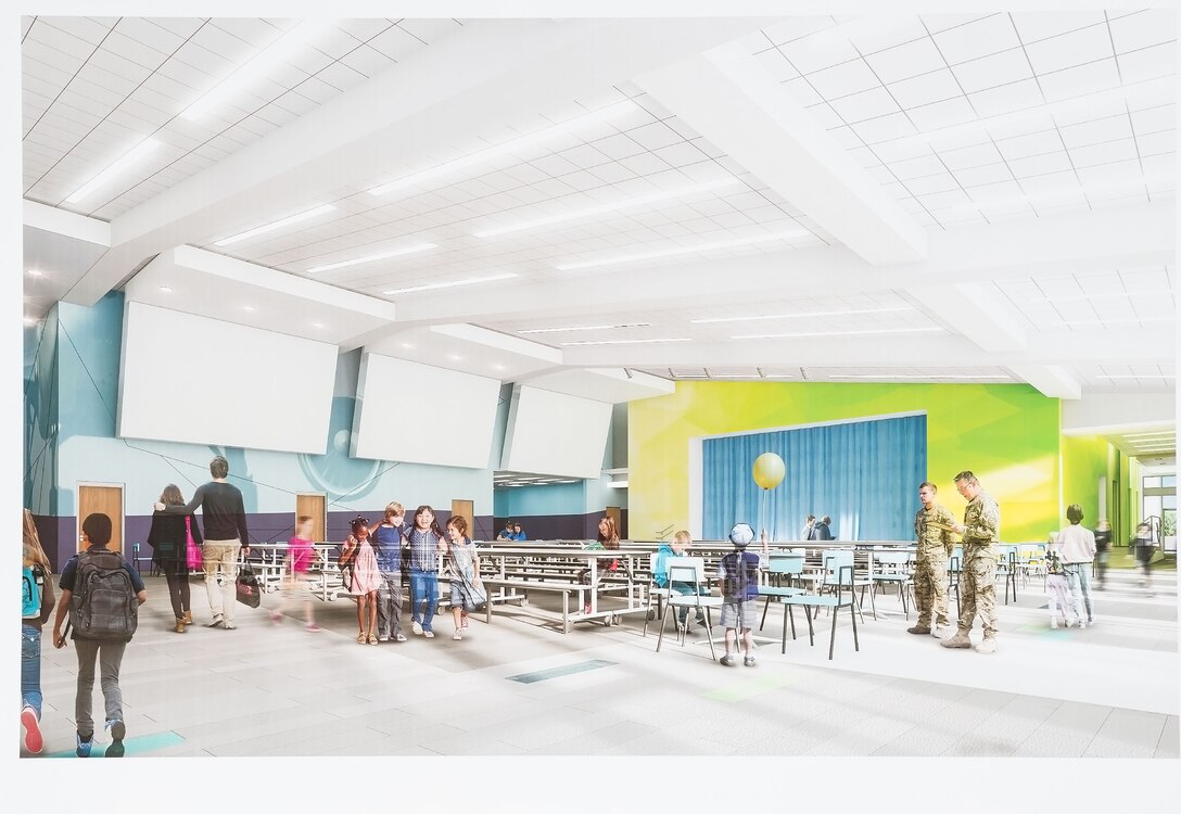 A rendering of the new Welch Elementary School/Dover Air Base Middle School is displayed on the podium during a groundbreaking ceremony June 3, 2019, in the family housing area at Dover Air Force Base, Del. The $48 million project, federally funded by the Department of Defense Education Activity, will be built on the football field across the street from the Youth Center and adjacent to the existing elementary and middle schools. Scheduled to open at the beginning of the 2021 school year, the new building will have over 105,000 square feet of learning space for approximately 490 students. (U.S. Air Force photo by Roland Balik)