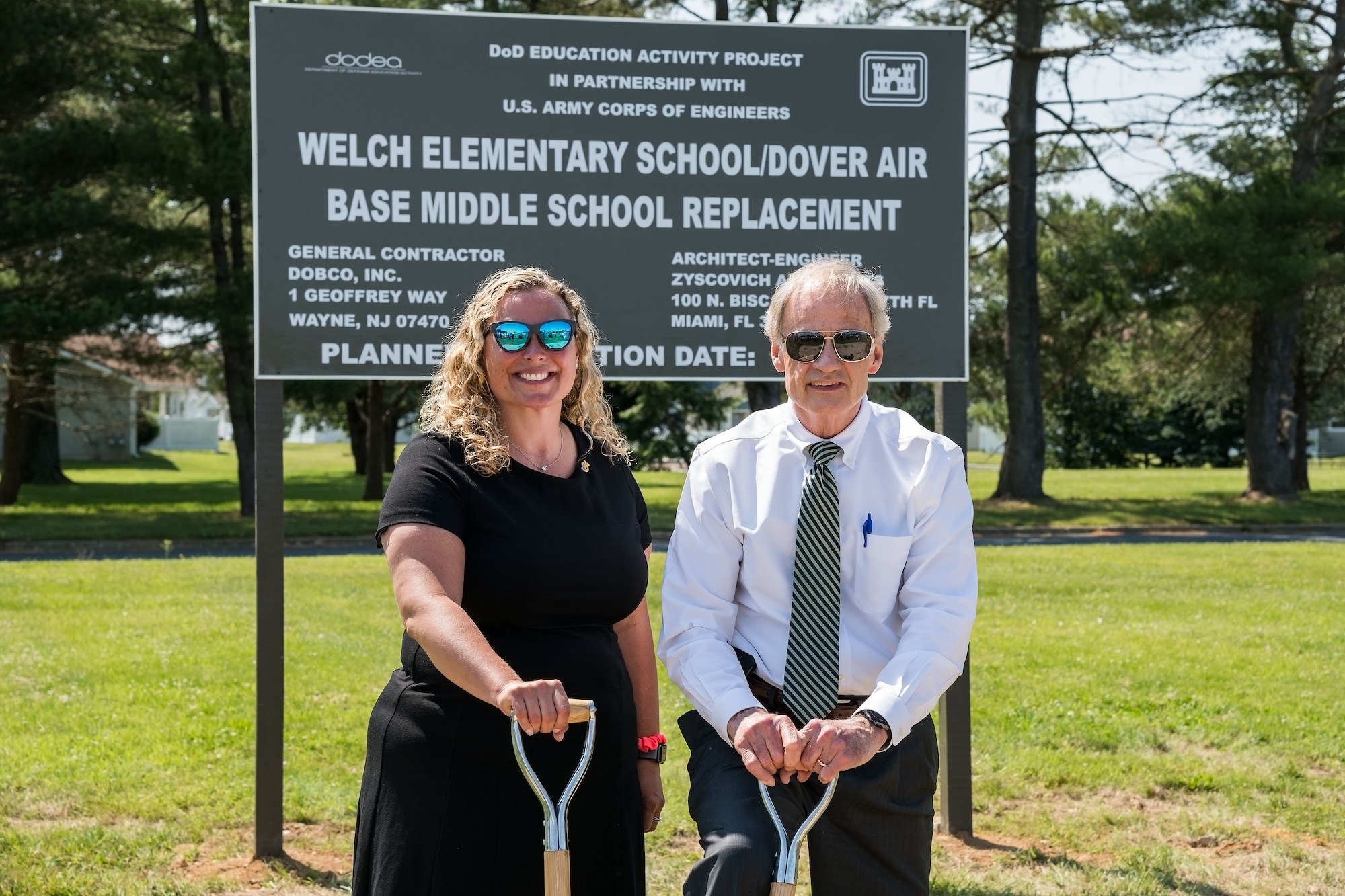 Sen. Tom Carper, D-Del., and Jessica Marelli, Caesar Rodney School District Board of Education president, Camden, Del., pose for a photo after the groundbreaking ceremony for the new Welch Elementary School/Dover Air Base Middle School June 3, 2019, in the family housing area at Dover Air Force Base, Del. The $48 million  project federally funded by the Department of Defense Education Activity will be built at the football field across the street form the Youth Center and adjacent to the existing elementary and middle schools. Scheduled to open at the beginning of the 2021 school year, the new building will have more than 105,000 square feet in learning space for approximately 490 students. (U.S. Air Force photo by Roland Balik)