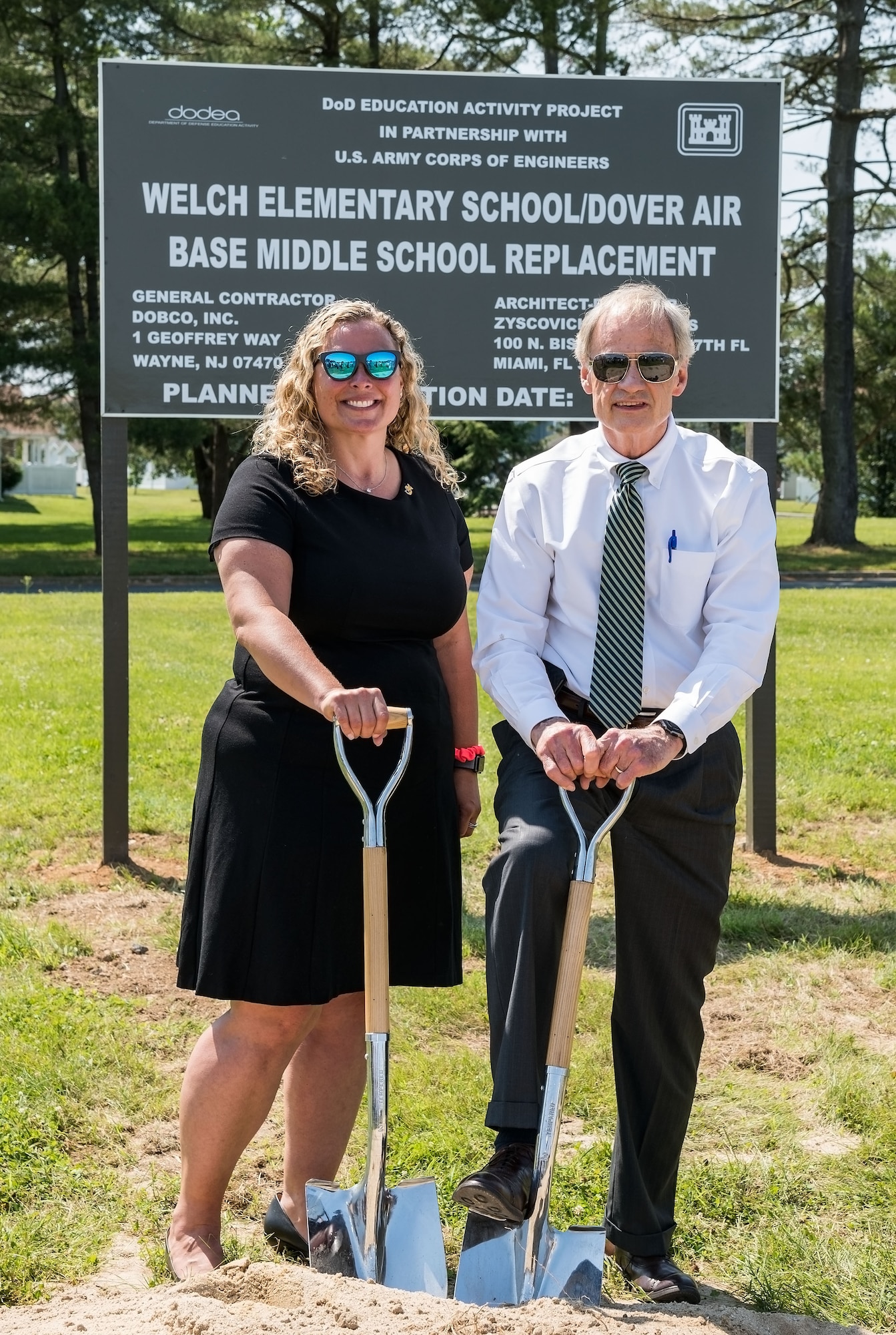 Sen. Tom Carper, D-Del., and Jessica Marelli, Caesar Rodney School District Board of Education president, Camden, Del., pose for a photo after the groundbreaking ceremony for the new Welch Elementary School/Dover Air Base Middle School June 3, 2019, in the family housing area at Dover Air Force Base, Del. The $48 million project federally funded by the Department of Defense Education Activity will be built at the football field across the street form the Youth Center and adjacent to the existing elementary and middle schools. Scheduled to open at the beginning of the 2021 school year, the new building will have more than 105,000 square feet in learning space for approximately 490 students. (U.S. Air Force photo by Roland Balik)