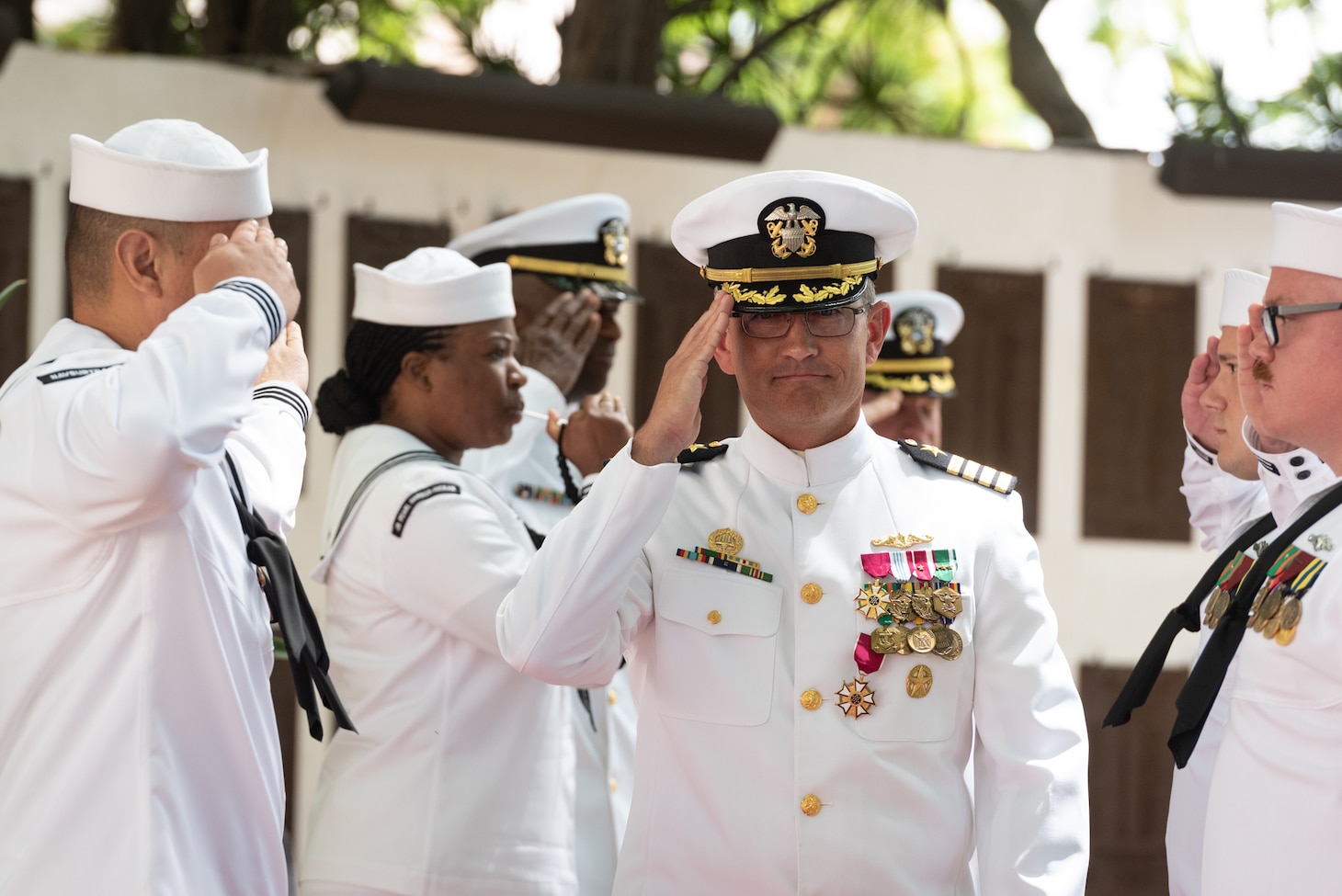 190604-N-KC128-0280 JOINT BASE PEARL HARBOR-HICKAM, Hawaii (June 4, 2019) Capt. Andrew Hertel, salutes after the change of command ceremony of Naval Submarine Training Center Pacific (NSTCP) at Parche Memorial on Joint Base Pearl Harbor-Hickam, Hawaii, June 4, 2019. Capt. Andrew Hertel, was relieved by Capt. Lance Thompson, after more than 30 months in command. (U.S. Navy Photo by Mass Communication Specialist 1st Class Daniel Hinton)