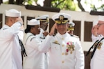 190604-N-KC128-0280 JOINT BASE PEARL HARBOR-HICKAM, Hawaii (June 4, 2019) Capt. Andrew Hertel, salutes after the change of command ceremony of Naval Submarine Training Center Pacific (NSTCP) at Parche Memorial on Joint Base Pearl Harbor-Hickam, Hawaii, June 4, 2019. Capt. Andrew Hertel, was relieved by Capt. Lance Thompson, after more than 30 months in command. (U.S. Navy Photo by Mass Communication Specialist 1st Class Daniel Hinton)