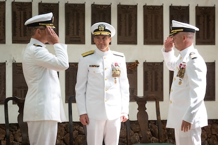 190604-N-KC128-0212 JOINT BASE PEARL HARBOR-HICKAM, Hawaii (June 4, 2019) Capt. Andrew Hertel, left, is relieved by Capt. Lance Thompson, right, during the change of command ceremony of Naval Submarine Training Center Pacific (NSTCP) at Parche Memorial on Joint Base Pearl Harbor-Hickam, Hawaii, June 4, 2019.(U.S. Navy Photo by Mass Communication Specialist 1st Class Daniel Hinton)