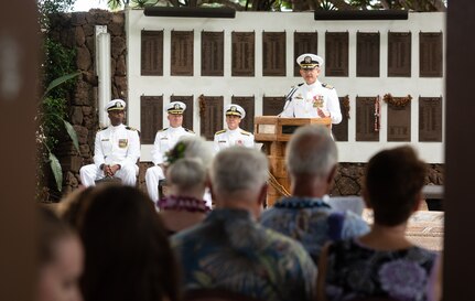190604-N-KC128-0087 JOINT BASE PEARL HARBOR-HICKAM, Hawaii (June 4, 2019) Capt. Andrew Hertel, delivers remarks during the change of command ceremony of Naval Submarine Training Center Pacific (NSTCP) at Parche Memorial on Joint Base Pearl Harbor-Hickam, Hawaii, June 4, 2019. Capt. Andrew Hertel, was relieved by Capt. Lance Thompson, after more than 30 months in command. (U.S. Navy Photo by Mass Communication Specialist 1st Class Daniel Hinton)