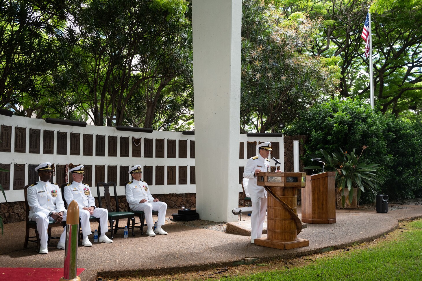 190604-N-KC128-0024 JOINT BASE PEARL HARBOR-HICKAM, Hawaii (June 4, 2019) Rear Adm. Blake L. Converse, commander of Submarine Force, U.S. Pacific Fleet, delivers remarks during the change of command ceremony of Naval Submarine Training Center Pacific (NSTCP) held a change of command ceremony at Parche Memorial on Joint Base Pearl Harbor-Hickam, Hawaii, June 4, 2019. Capt. Andrew Hertel, commanding officer of Naval Submarine Training Center Pacific, was relieved by Capt. Lance Thompson, after more than 30 months in command. (U.S. Navy Photo by Mass Communication Specialist 1st Class Daniel Hinton)