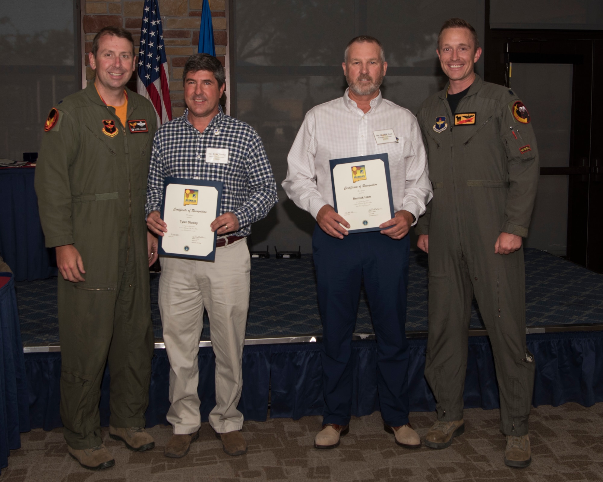 Commanders and honorary commanders from the 54th Fighter Group pose for a photo, May 31, 2019, on Holloman Air Force Base, N.M. The honorary commander program establishes and maintains personal relationships with local civic leaders, and aids in increasing public awareness of the missions, policies and programs of the Department of Defense and United States Air Force. (U.S. Air Force photo by Staff Sgt. BreeAnn Sachs)