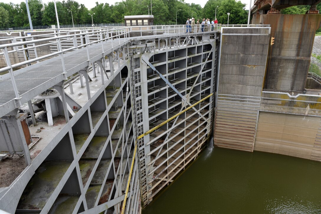 Maj. Gen. Mark Toy, U.S. Army Corps of Engineers Great Lakes and Ohio River Division commander, receives an update on a project to install an Asian Carp barrier on the downstream approach into Barkley Lock during a tour of the lock on the Cumberland River in Grand Rivers, Ky., June 4, 2019. (USACE photo by Lee Roberts)