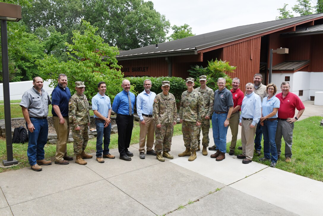 Maj. Gen. Mark Toy, U.S. Army Corps of Engineers Great Lakes and Ohio River Division commander, poses with Nashville District members during a visit to the Barkley Lake Resource Manager's Office in Grand Rivers, Ky., June 4, 2019. (USACE photo by Lee Roberts)
