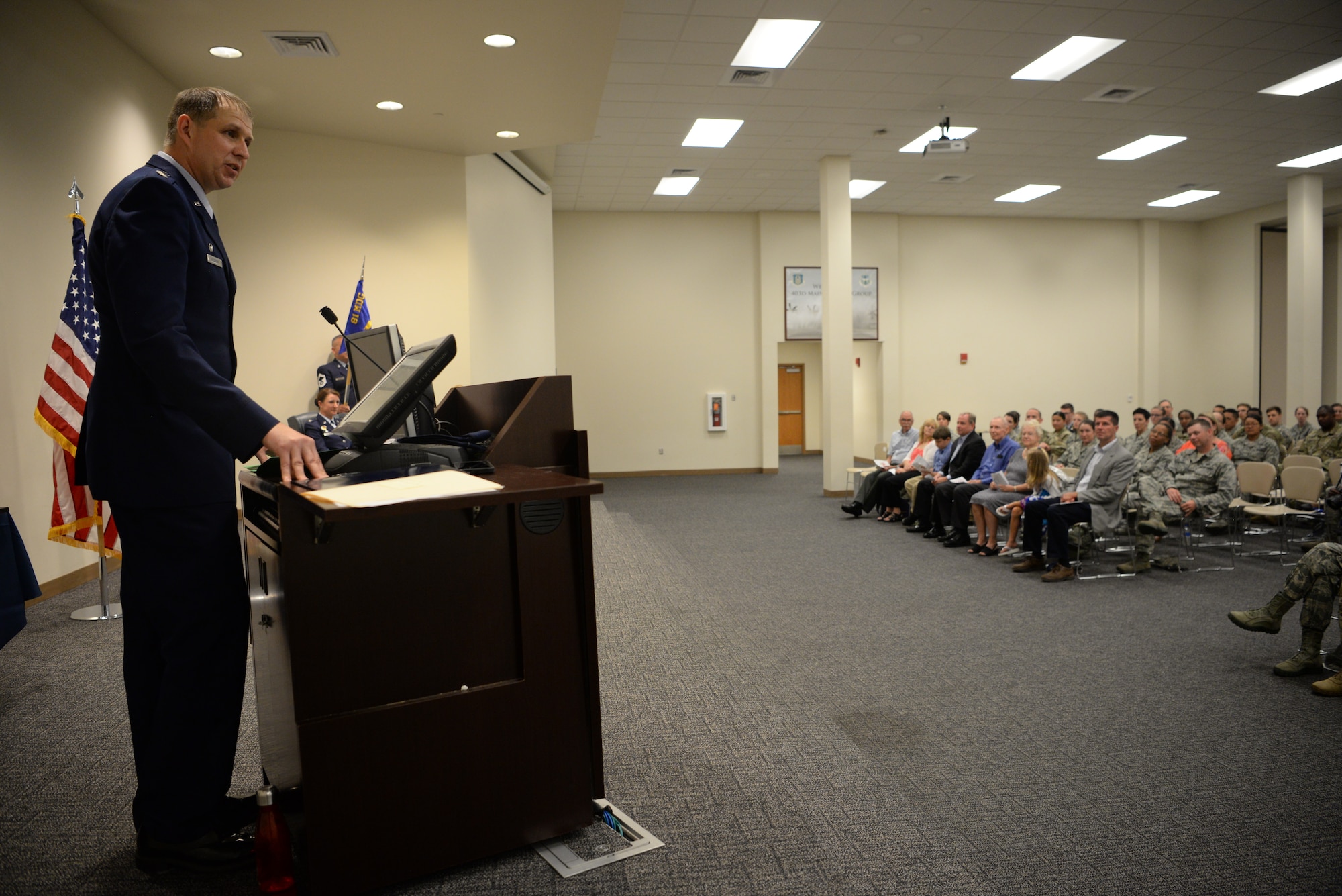 U.S. Air Force Lt. Col. Michael Blowers, incoming 81st Aerospace Medicine Squadron commander, delivers remarks during the 81st AMDS change of command ceremony inside the Roberts Mainteanance Facility at Keesler Air Force Base, Mississippi, June 4, 2019. Blowers passed on command of the 81st AMDS to Lt. Col.Catherine Callender.(Air Force photo by Airman 1st Class Spencer Tobler)
